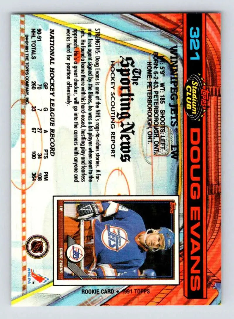 Baseball trading card featuring Doug Evans and Winnipeg Jets in blue and orange colors