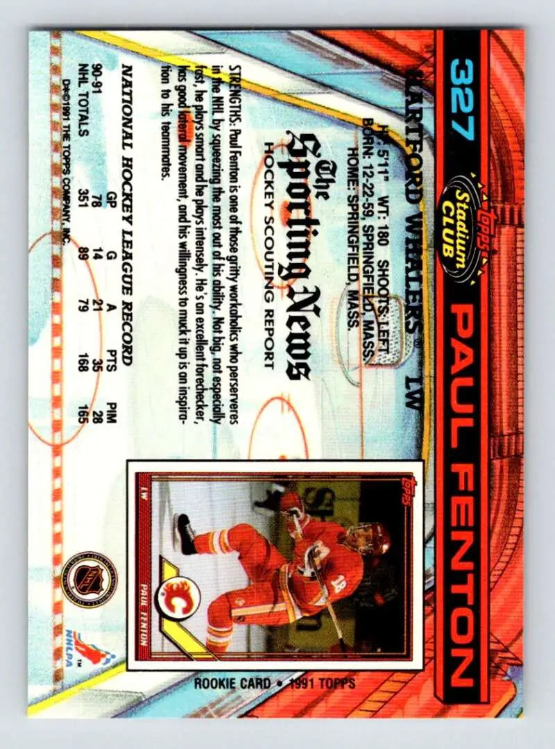 Hockey trading card of Paul Fenton featuring Hartford Whalers design and stats