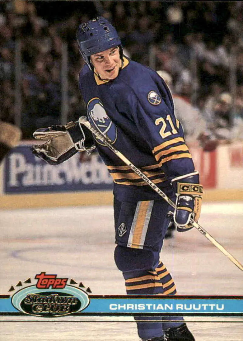 Christian Ruuttu in navy blue Buffalo Sabres jersey, featured in Topps Stadium Club card
