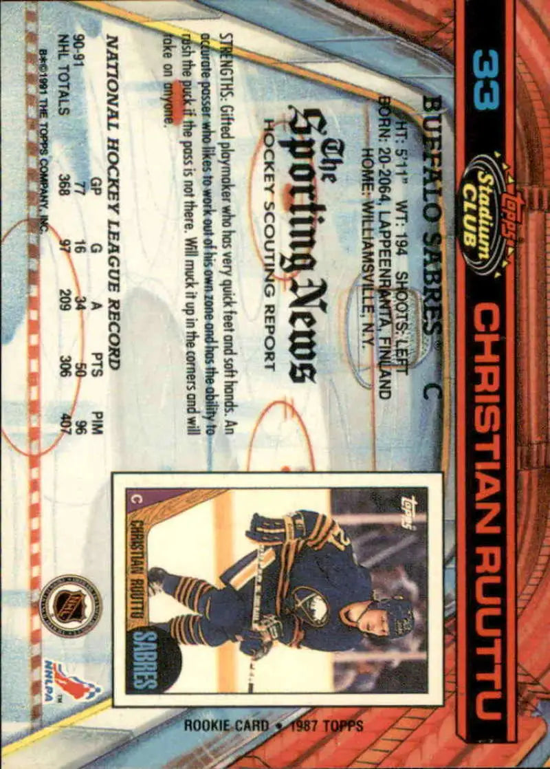 Trading card of Christian Ruuttu in dark uniform for Buffalo Sabres Topps Stadium Club