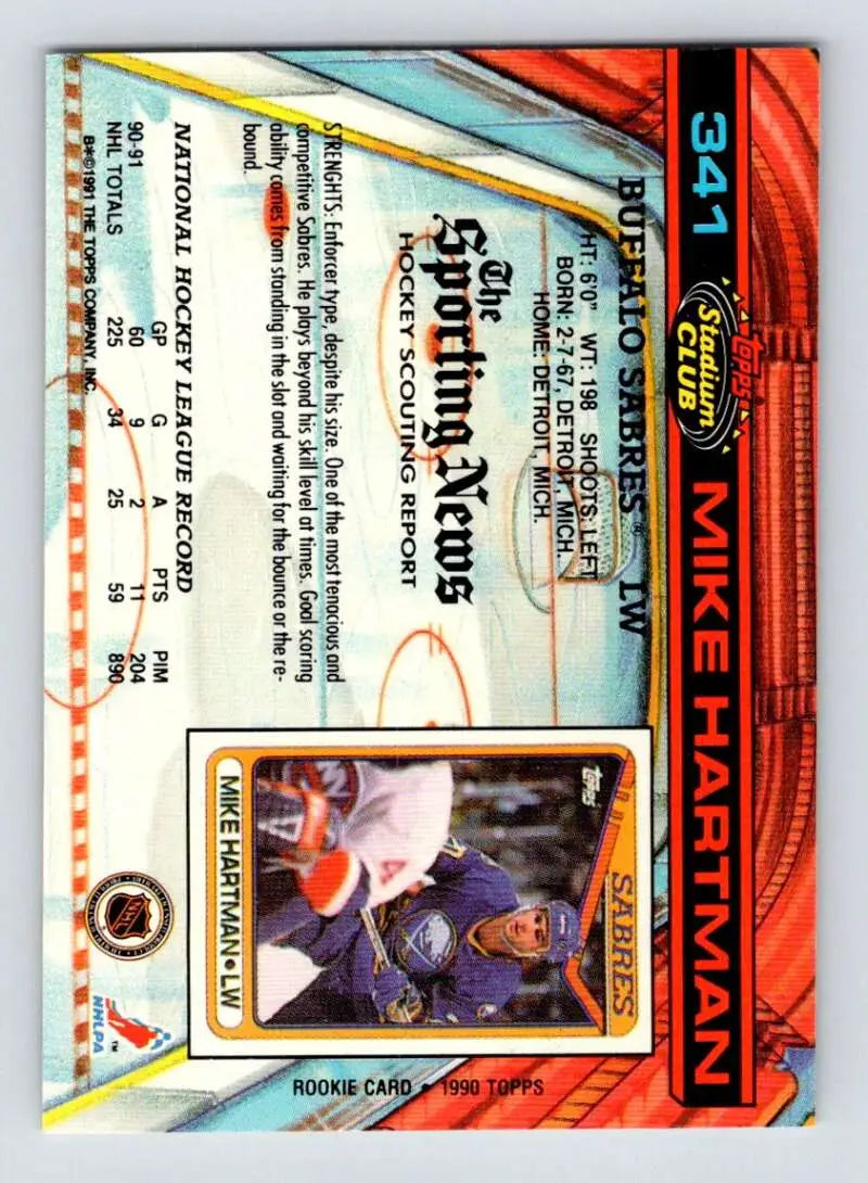 Trading card of Mike Hartman in blue jersey for Topps Stadium Club Buffalo Sabres