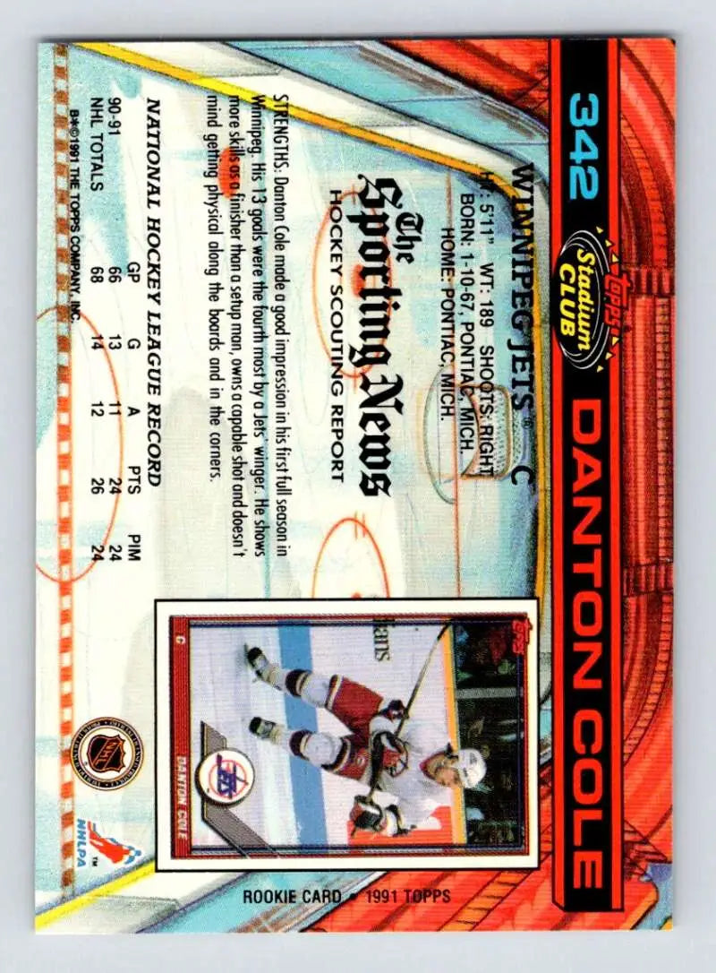 Danton Cole 1991-92 Topps Stadium Club Winnipeg Jets Hockey Card with vibrant design