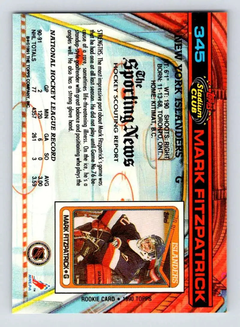 1991-92 Topps Stadium Club Mark Fitzpatrick New York Islanders Hockey Card design