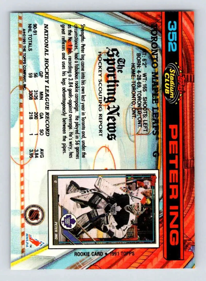 Holographic Toronto Maple Leafs Peter Ing hockey card in orange and blue design