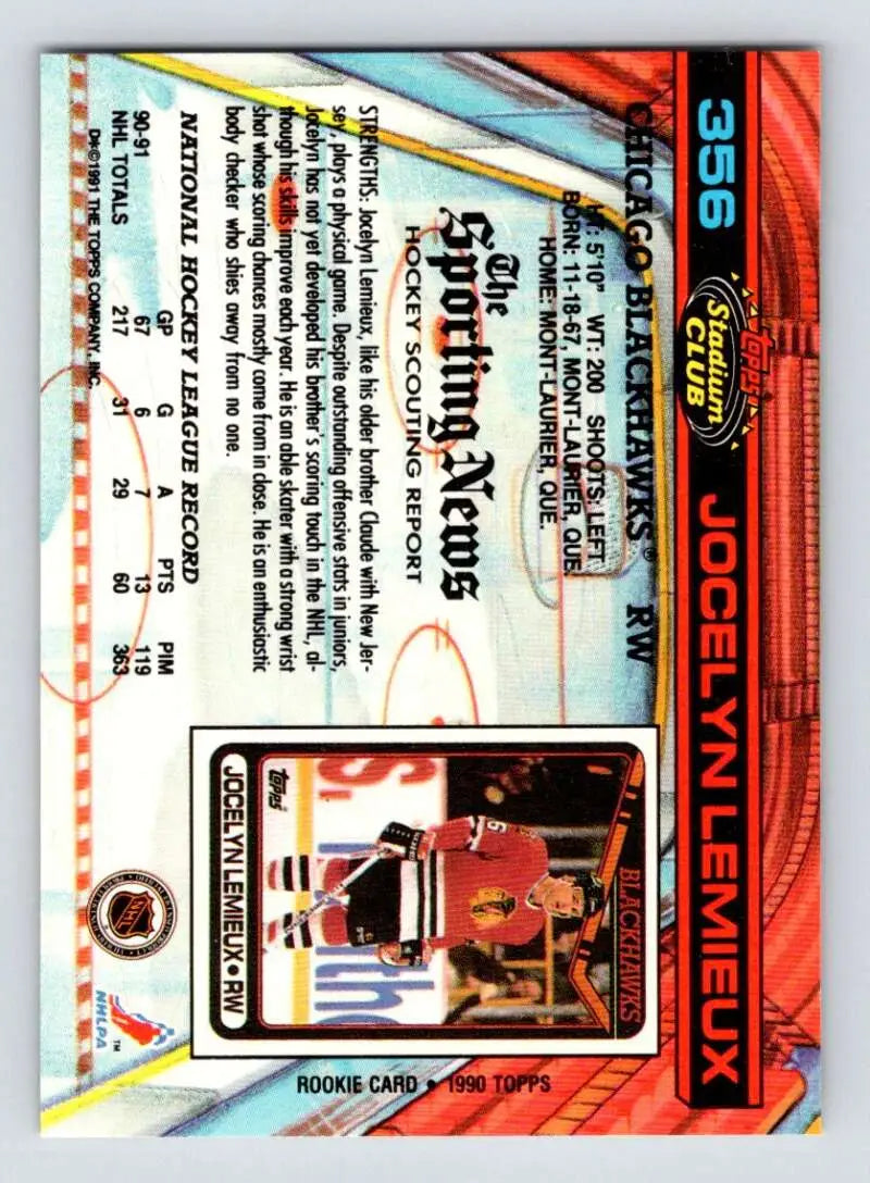 Jocelyn Lemieux hockey card with red and blue design, Topps Stadium Club #356