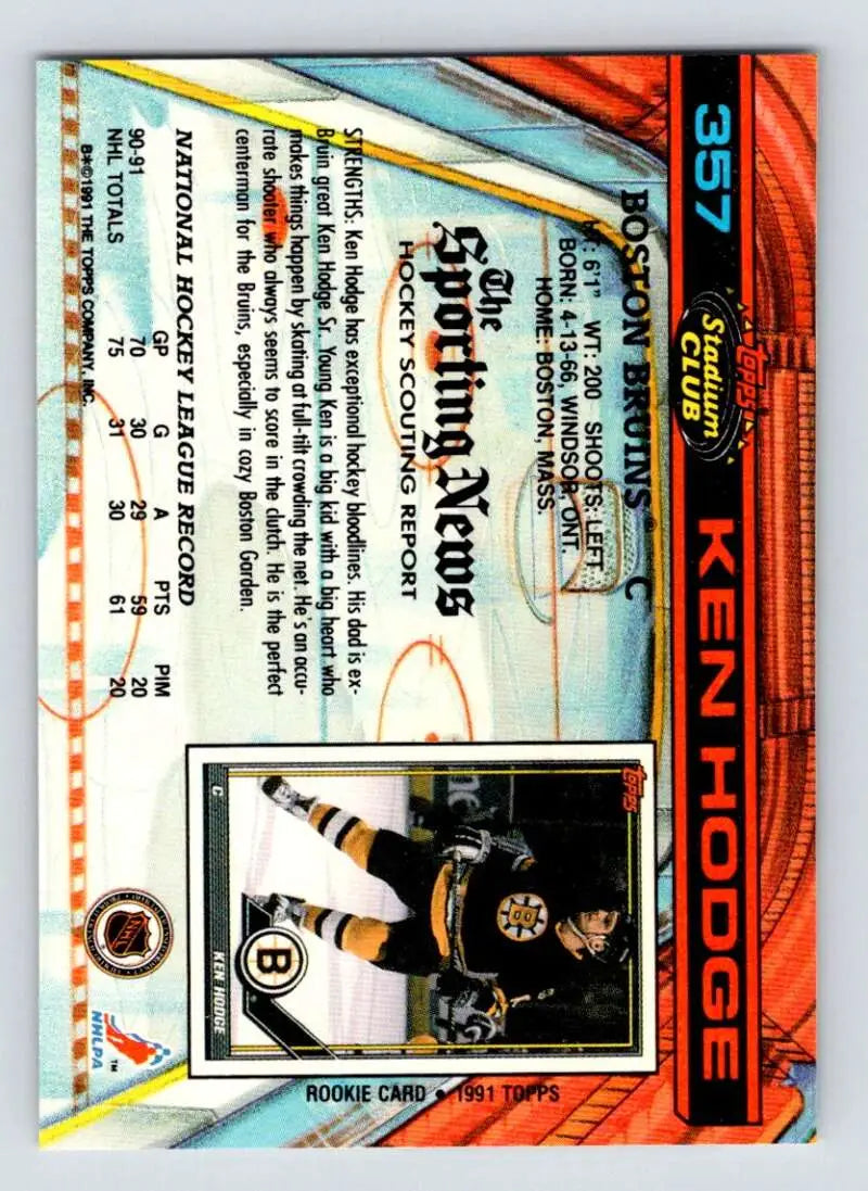 1991-92 Topps Stadium Club Ken Hodge Boston Bruins hockey card from 1995 in NM-MT condition