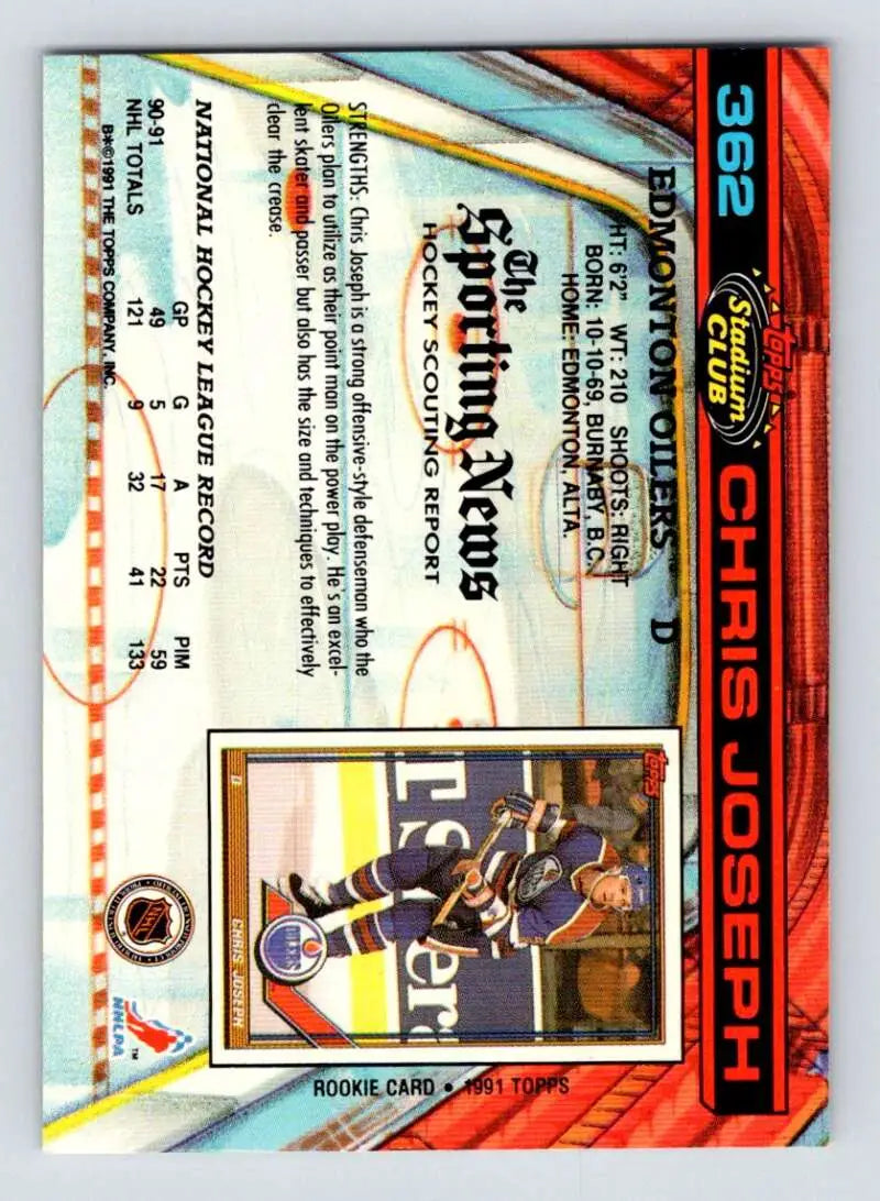 Holographic Topps Stadium Club card of Chris Joseph from the Edmonton Oilers