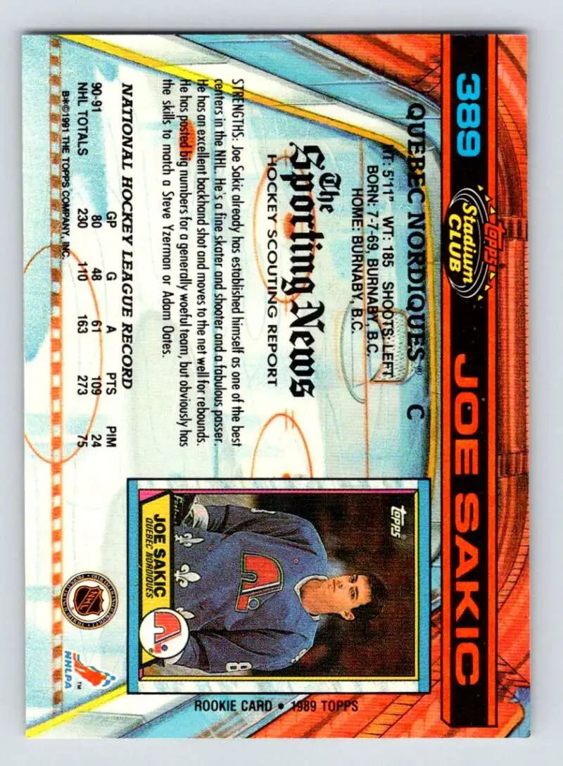Joe Sakic Quebec Nordiques Hockey Card in blue uniform from 1991-92 Topps Stadium Club
