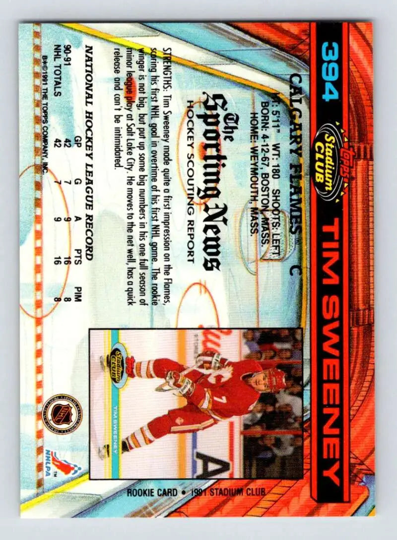 Tim Sweeney Calgary Flames hockey card in red and white uniform from 1991-92 Topps