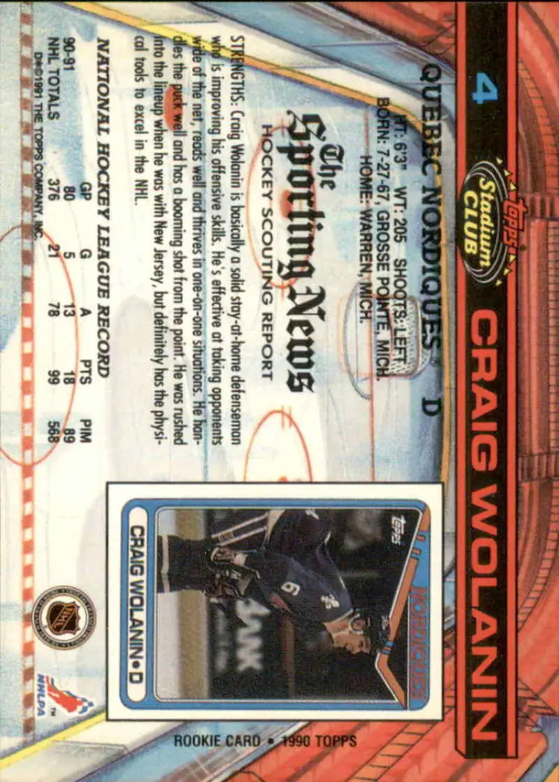 Hockey trading card of Craig Wolanin in dark uniform from Topps Stadium Club collection