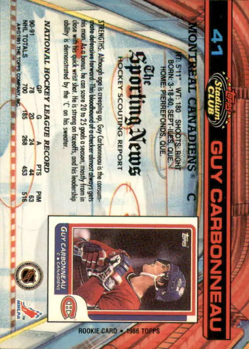 Hockey card of Guy Carbonneau in red jersey, Montreal Canadiens gameplay action