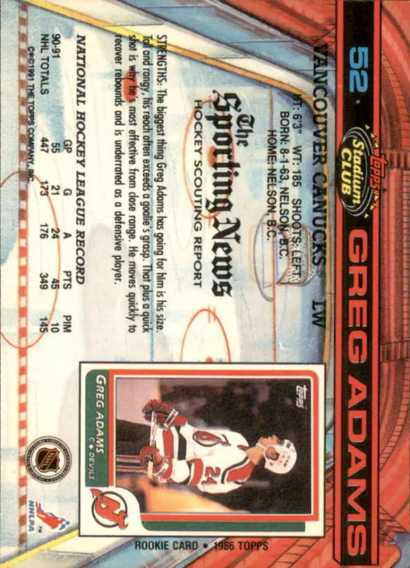 Topps Stadium Club hockey card of Greg Adams in red and white uniform