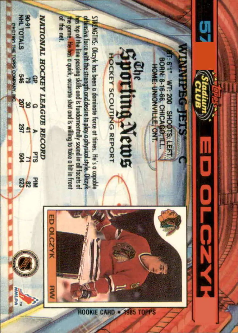 1991-92 Topps Stadium Club Ed Olczyk card featuring Winnipeg Jets player in red jersey