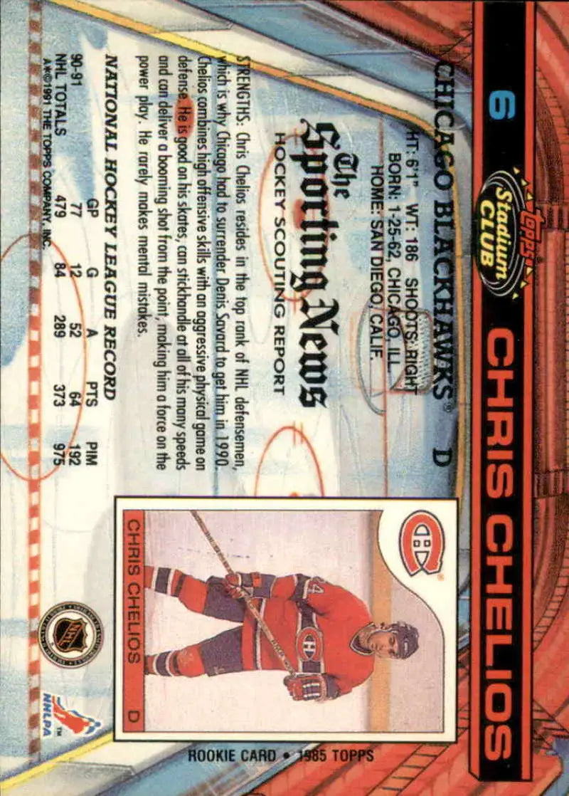 Hockey card of Chris Chelios in red Carolina Hurricanes uniform, Topps Stadium Club