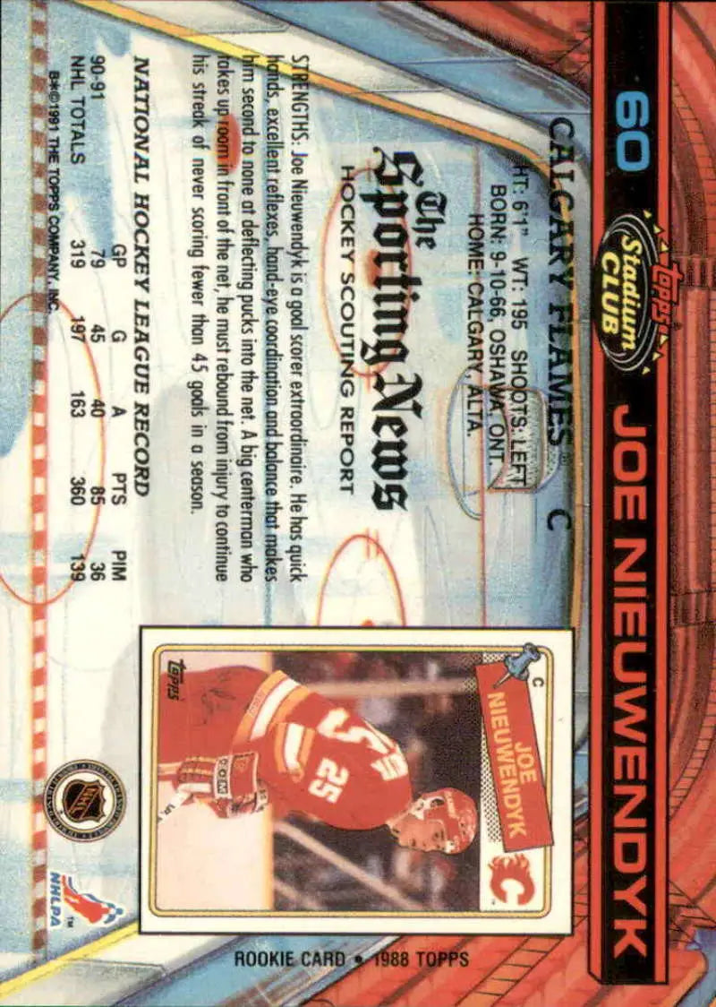 Hockey card featuring Joe Nieuwendyk in Calgary Flames jersey from Topps Stadium Club