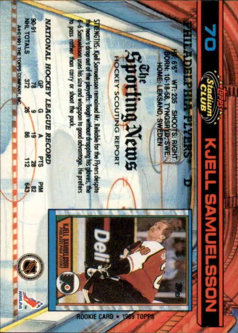 Hockey card of Kjell Samuelsson in red and white uniform for Philadelphia Flyers