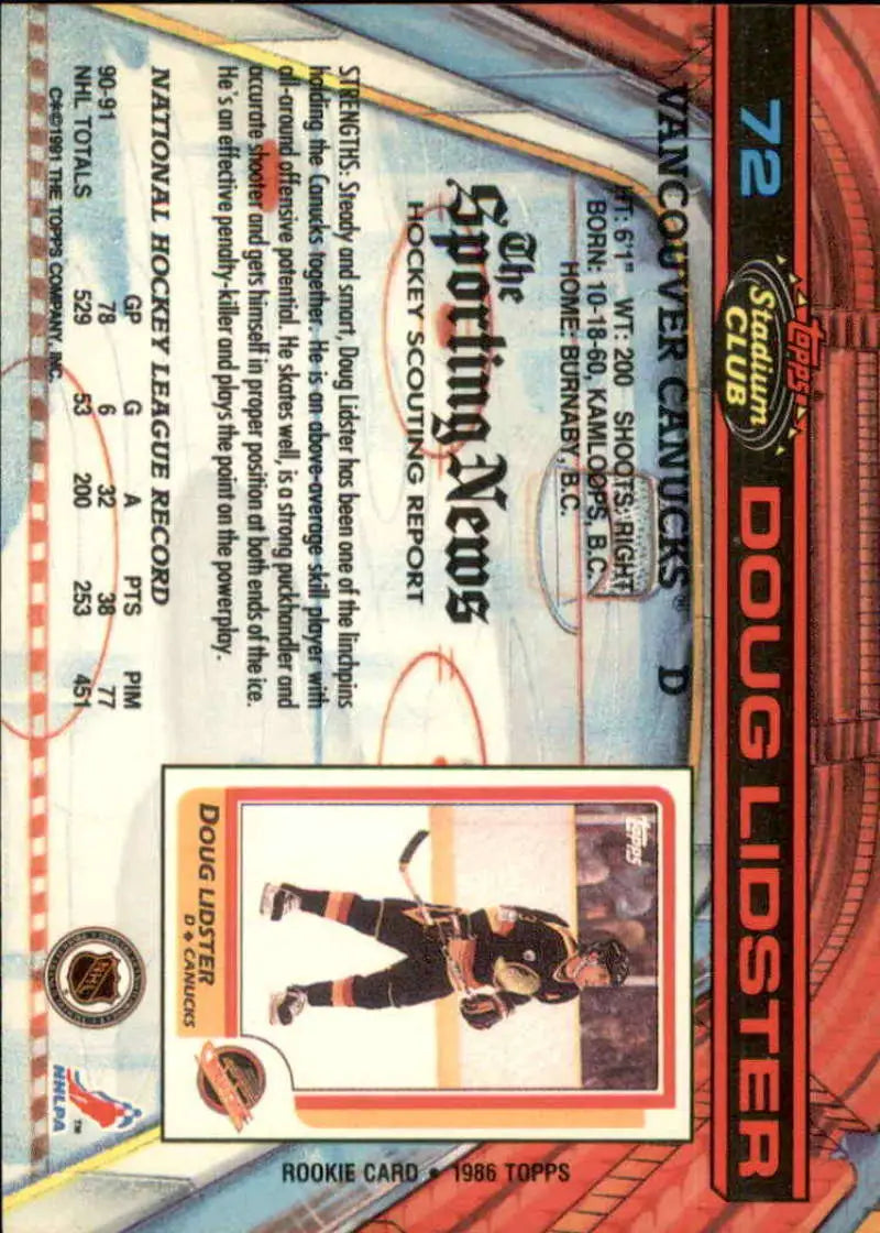 Hockey trading card of Doug Lidster in black uniform for Vancouver Canucks Topps Stadium Club