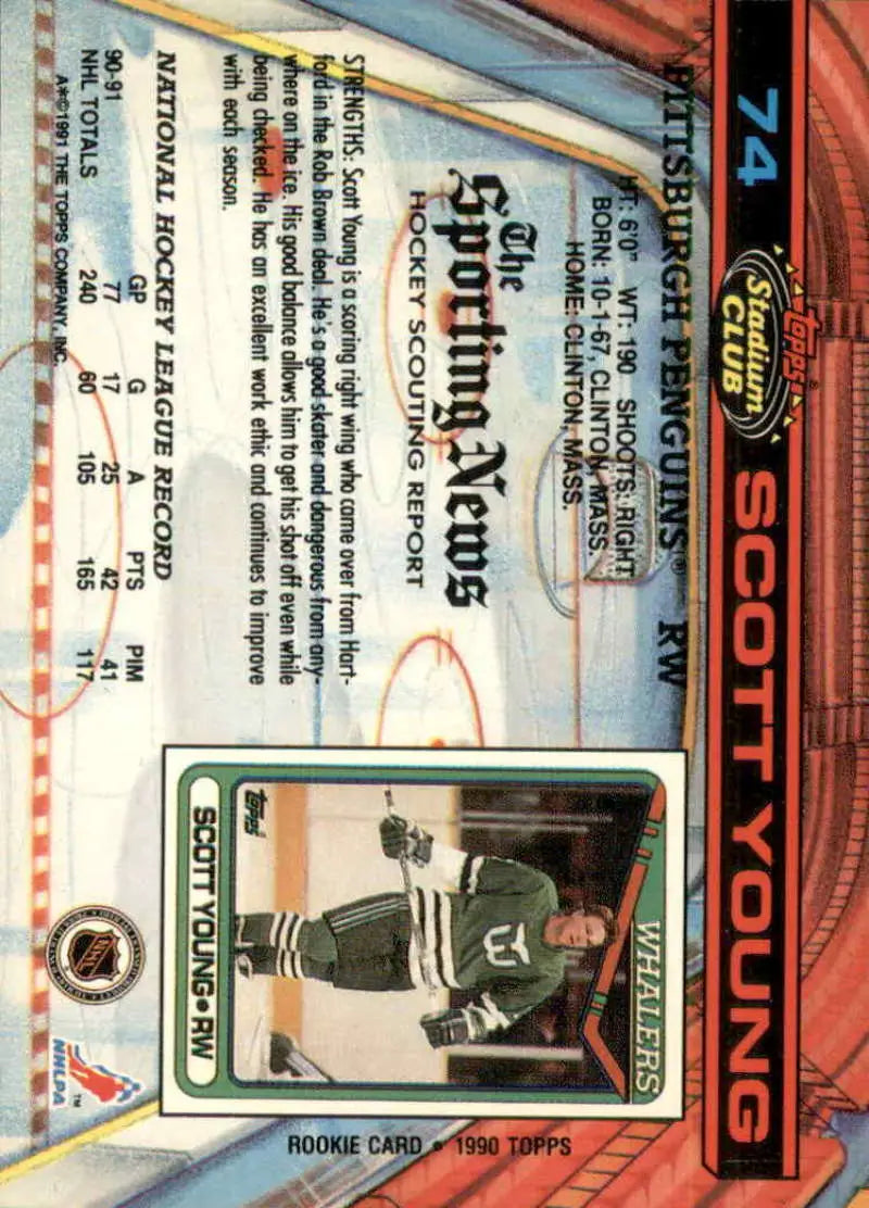 1991 Stadium Club Scott Young Hockey Card in Pittsburgh Penguins Uniform