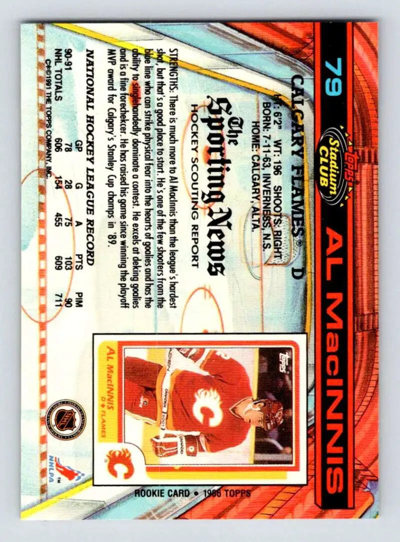 Hockey card featuring Al MacInnis in Calgary Flames uniform from 1991-92 Topps Stadium Club