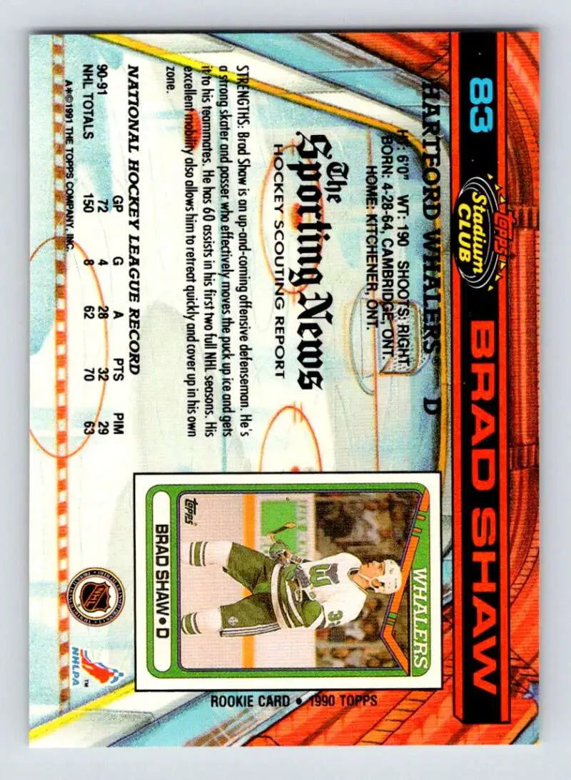 Hockey trading card of Brad Shaw in white and green uniform from Topps Stadium Club