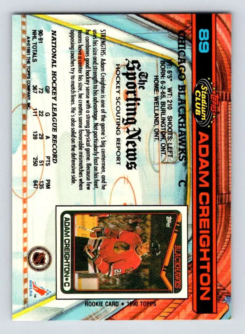 Trading card featuring Adam Creighton from the Chicago Blackhawks Topps Stadium Club series