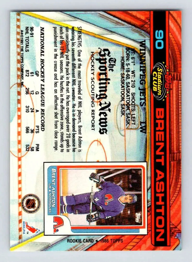 Brent Ashton Winnipeg Jets Trading Card with purple jersey and stats Topps Stadium Club