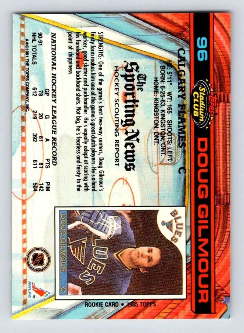 Milwaukee Brewers player baseball card with blue and orange colors, Doug Gilmour hockey card