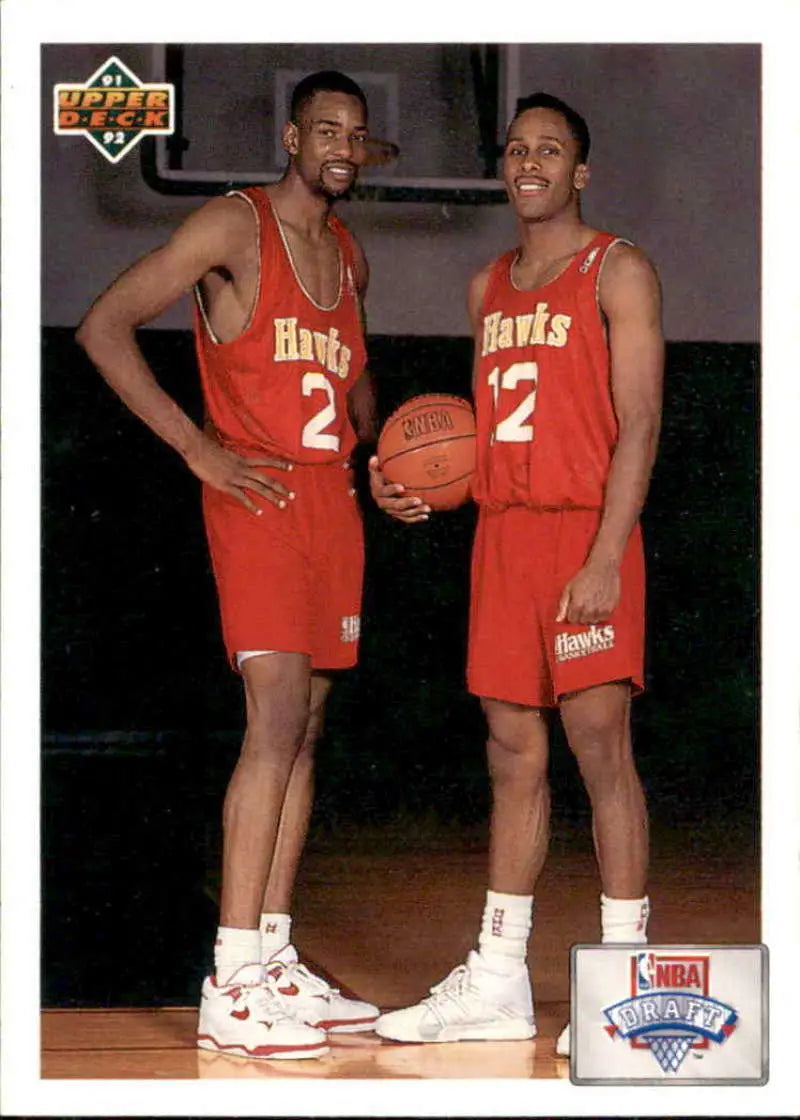 Two Atlanta Hawks players in red jerseys with number 2, featuring Stacey Augmon and Rodney Monroe