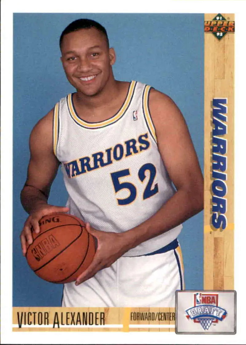 Basketball card of Victor Alexander in Golden State Warriors jersey number 52 holding a ball