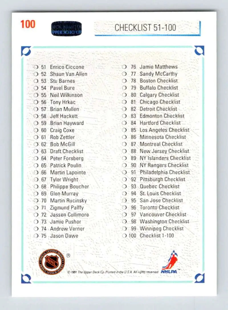 Hockey card checklist 51-100 from 1991-92 Upper Deck showcasing player names