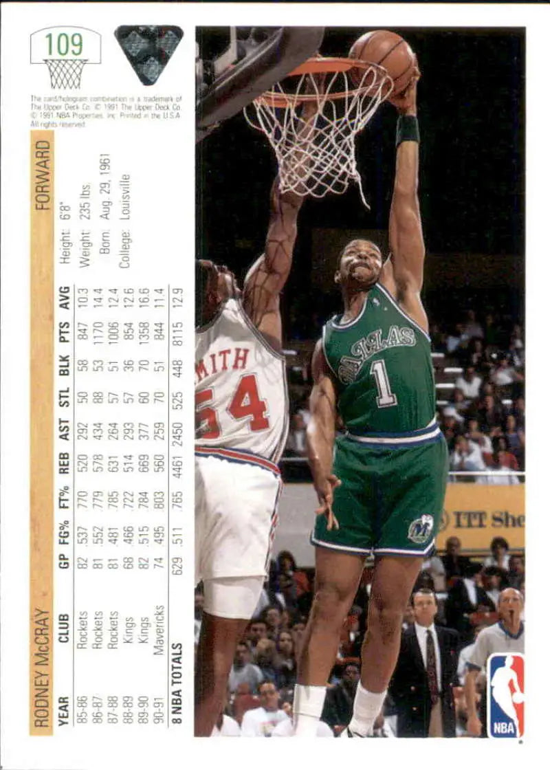 Rodney McCray in green Celtics jersey dunking against Dallas Mavericks defender basketball card