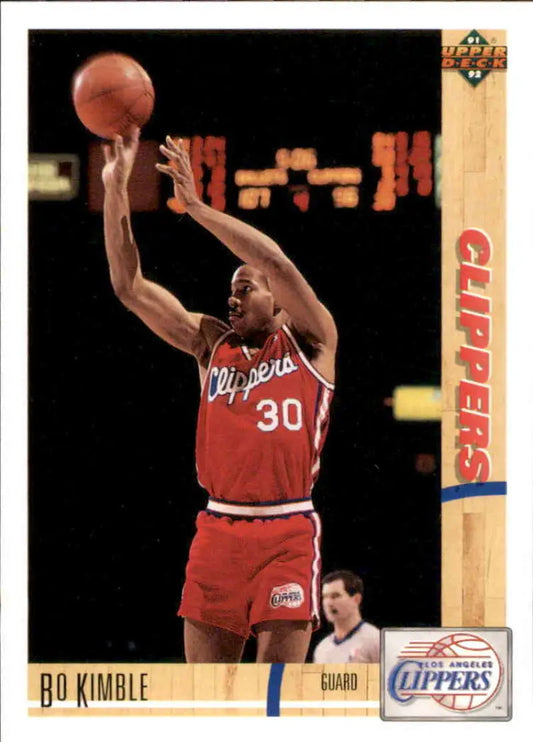 Basketball trading card of Bo Kimble in Los Angeles Clippers red jersey numbered 30