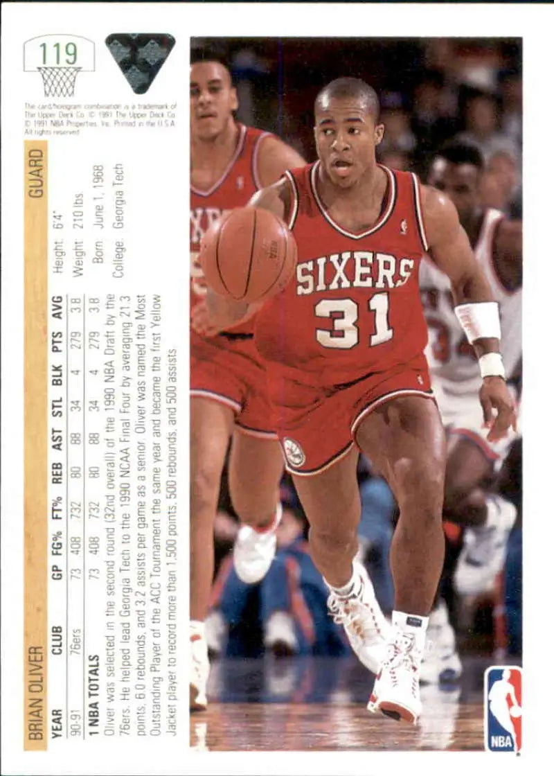 Brian Oliver Philadelphia 76ers trading card in red jersey from Upper Deck 1991-92