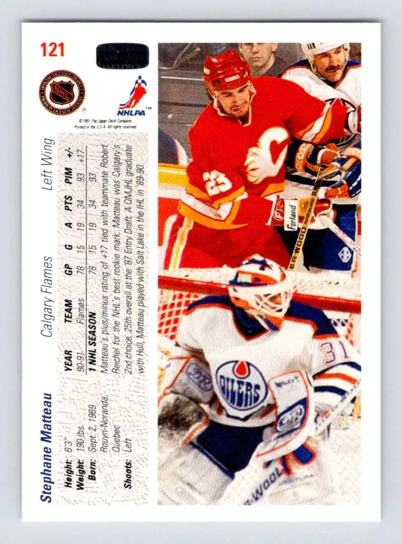 Hockey card featuring game action between Calgary Flames and Edmonton Oilers players