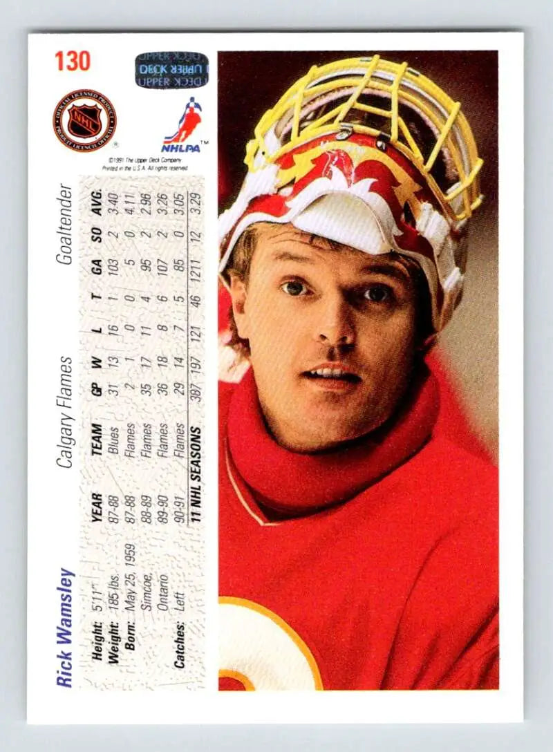 Hockey player in Calgary Flames jersey featured on 1991-92 Upper Deck Rick Wamsley card