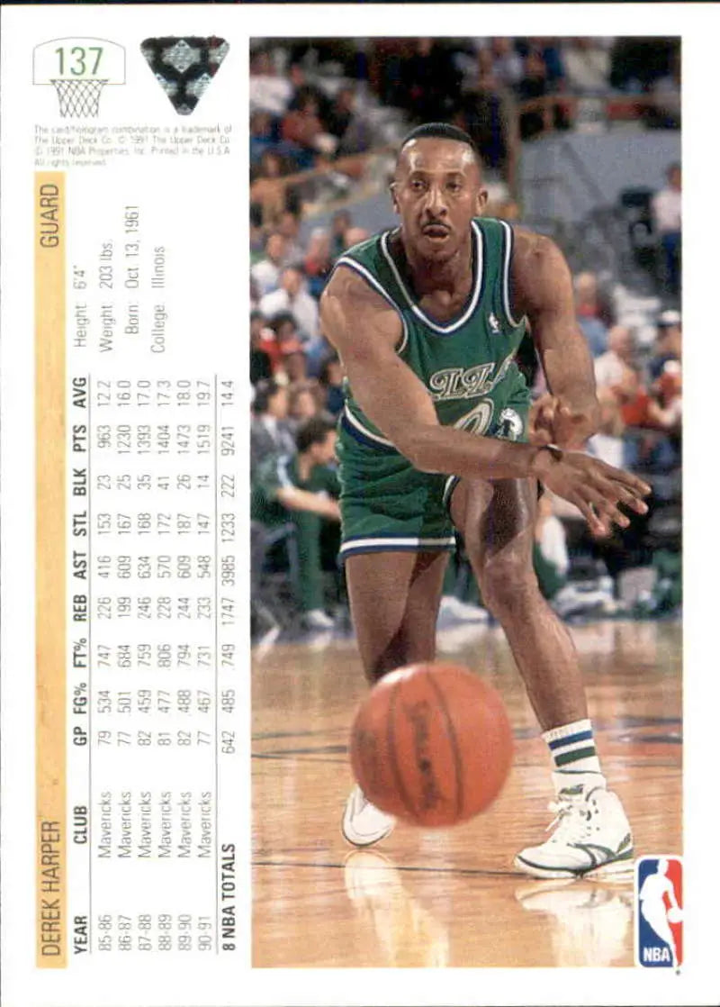 Derek Harper in green Boston Celtics uniform dribbling a ball for Upper Deck card