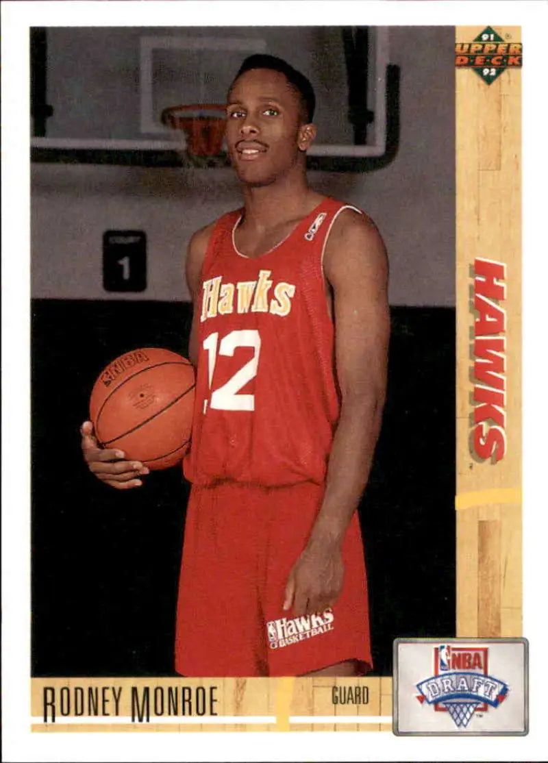 Basketball trading card of Rodney Monroe in red #12 jersey for Atlanta Hawks Upper Deck