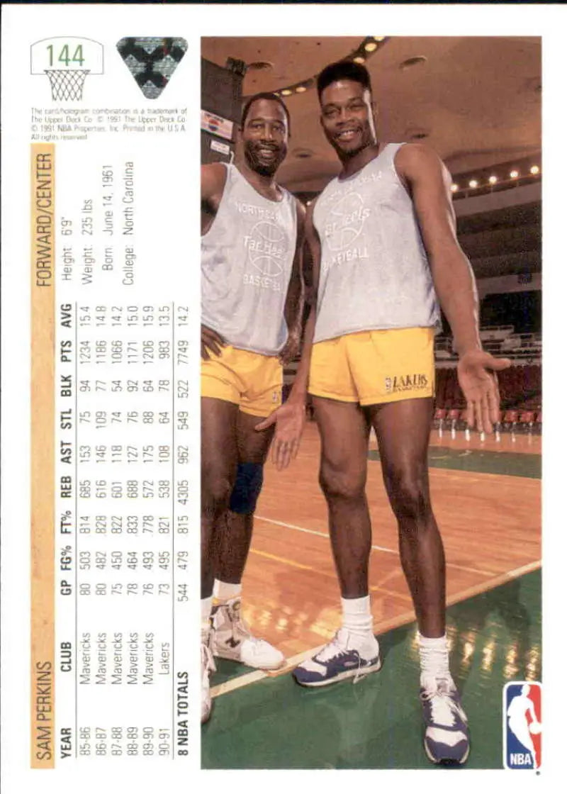 Sam Perkins basketball card showcasing Los Angeles Lakers players in yellow shorts