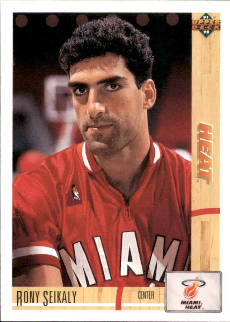 Rony Seikaly in a red Miami Heat uniform on a basketball card from 1991-92