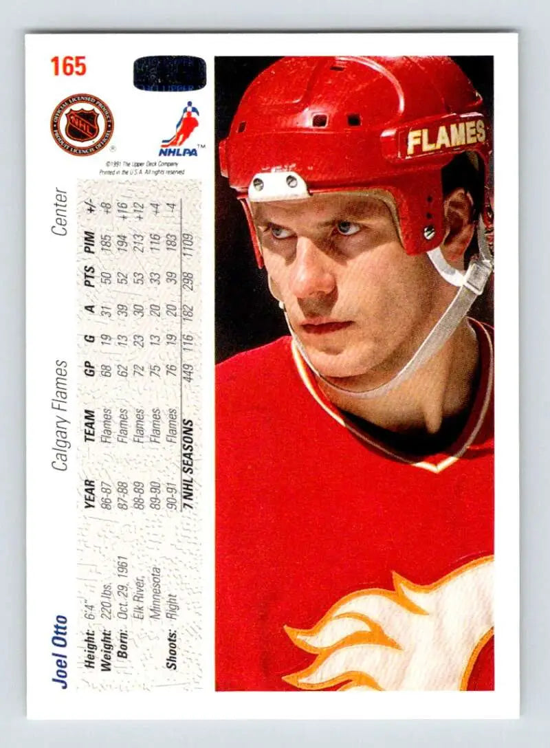 Hockey card of Joel Otto in red helmet and jersey for Calgary Flames collection