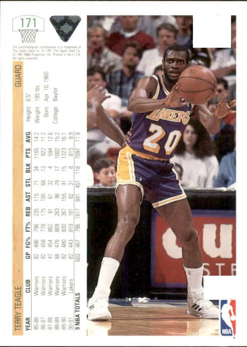 Basketball player in Lakers jersey 20 showcasing Upper Deck Terry Teagle card