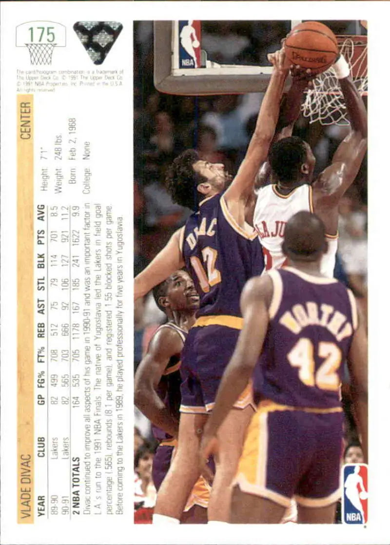 Vlade Divac in action on a Los Angeles Lakers trading card competing for a rebound