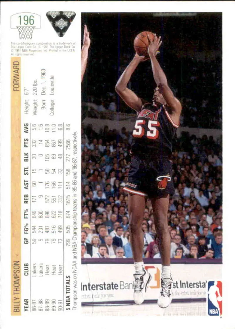 Basketball player in jersey 55 taking a jump shot on Miami Heat Billy Thompson card