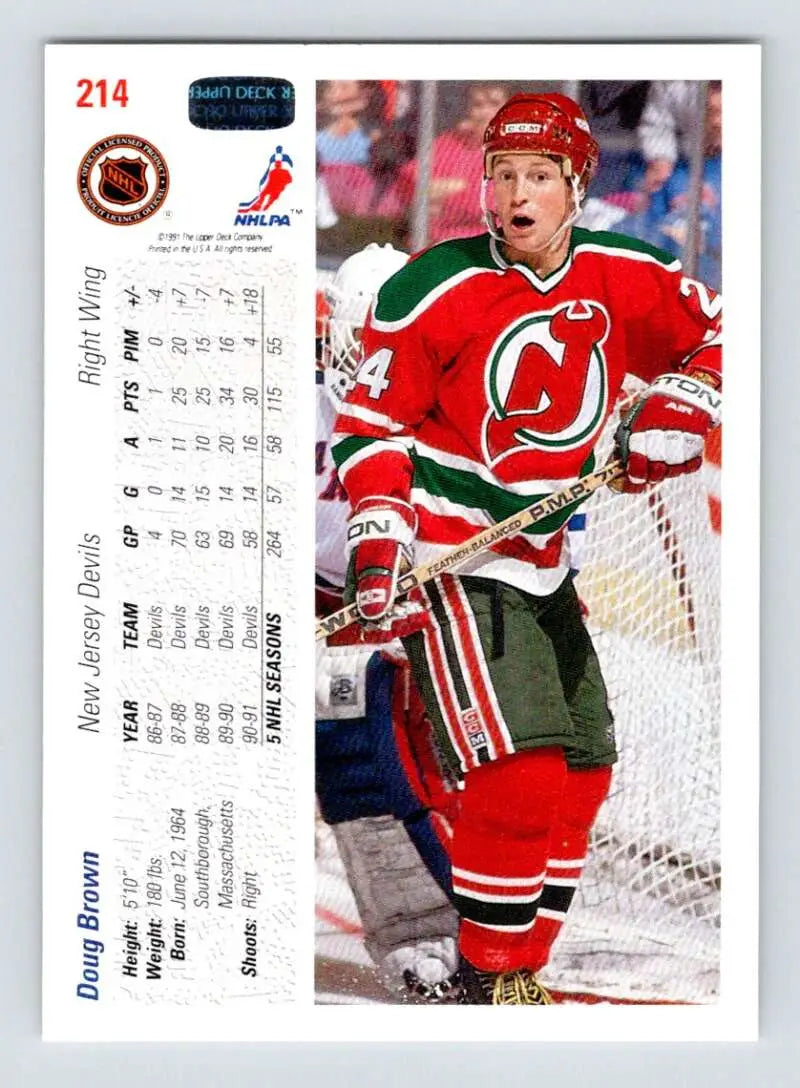Hockey card featuring Doug Brown of the New Jersey Devils in red and green uniform