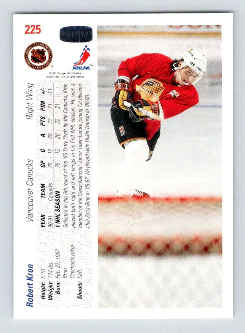 Hockey card featuring Robert Kron in a red jersey leaping on ice by Upper Deck