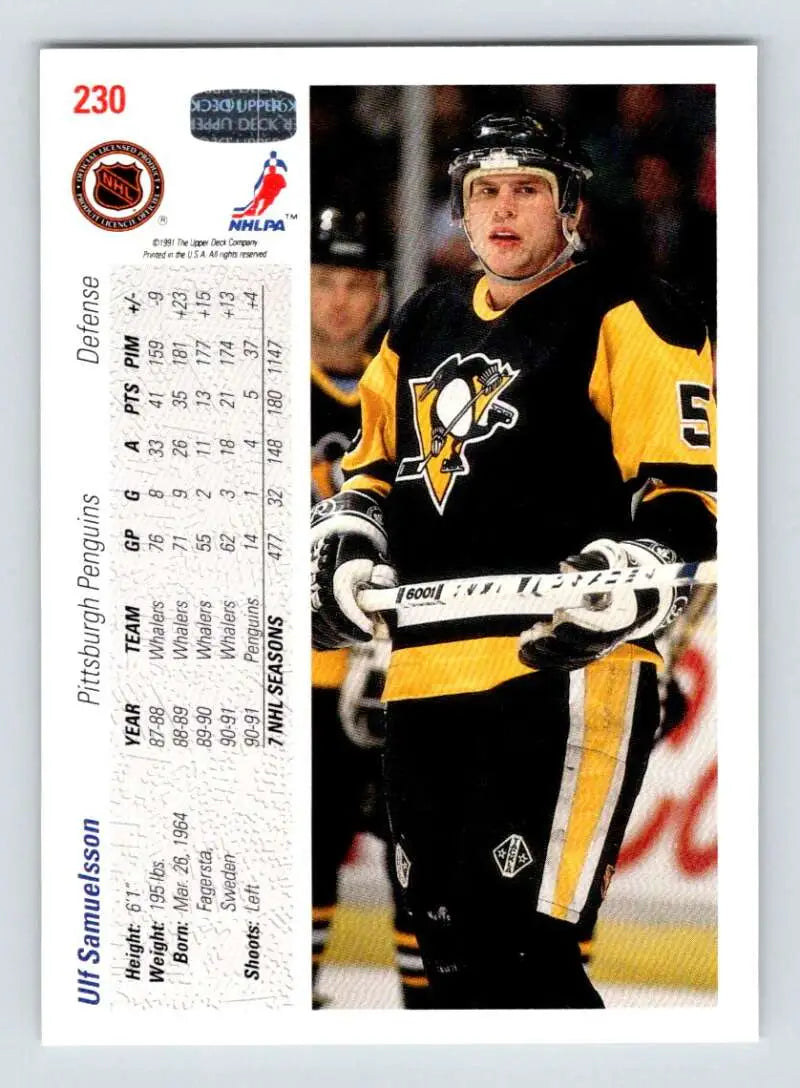 Hockey card of Ulf Samuelsson in black and yellow Pittsburgh Penguins uniform