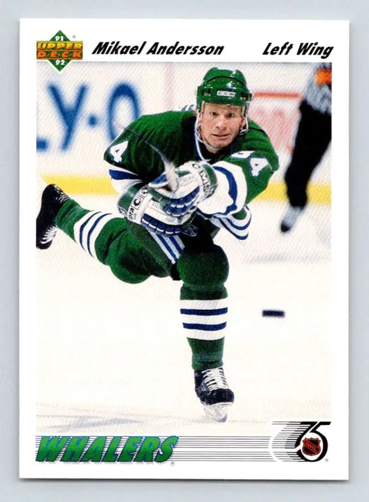 Hockey player in a green Hartford Whalers jersey shooting the puck, Mikael Andersson card
