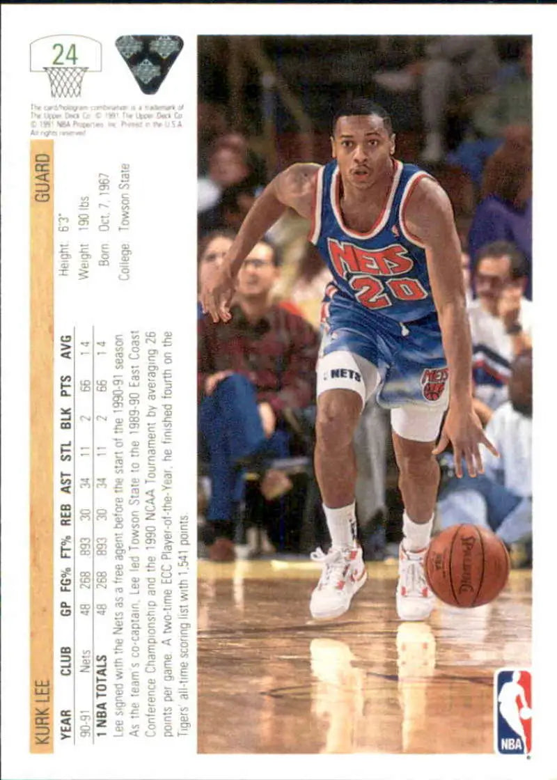 Kurk Lee dribbling in blue uniform on 1991-92 Upper Deck Jersey Nets Basketball Card