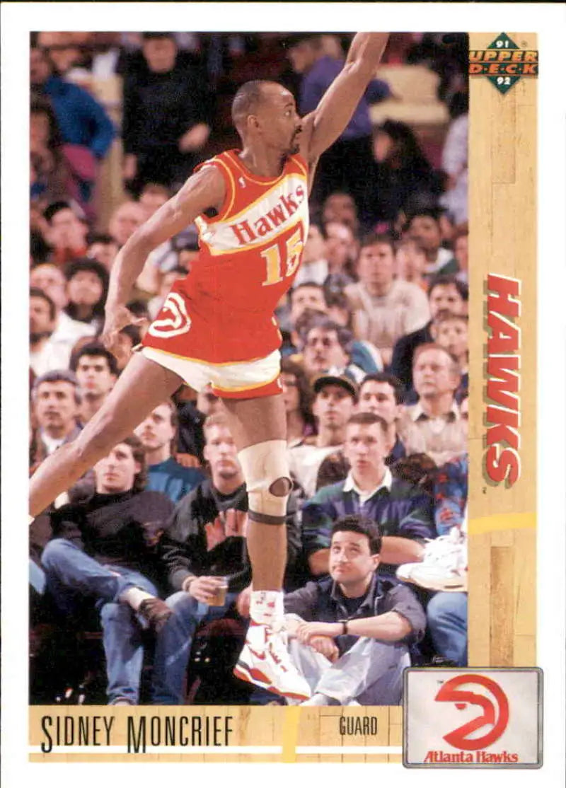 Sidney Moncrief leaps in air, showcasing Atlanta Hawks spirit on a basketball card