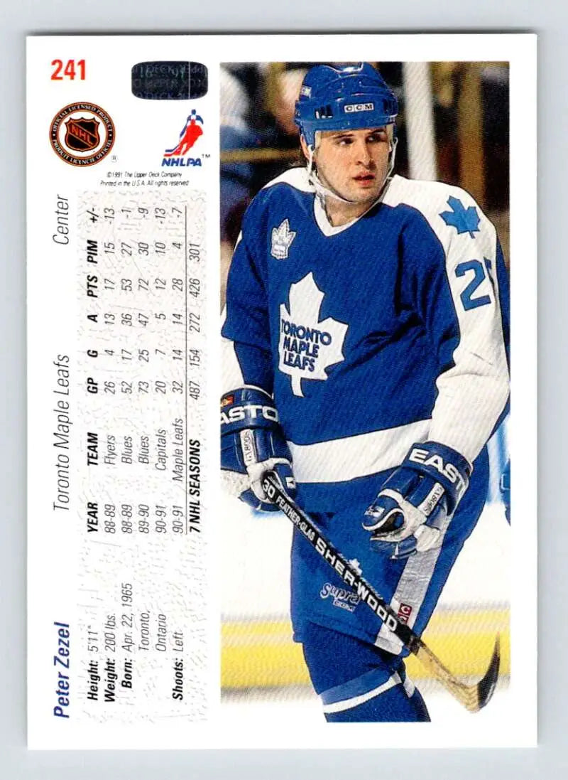 Hockey trading card of Peter Zezel in blue Toronto Maple Leafs jersey number 21